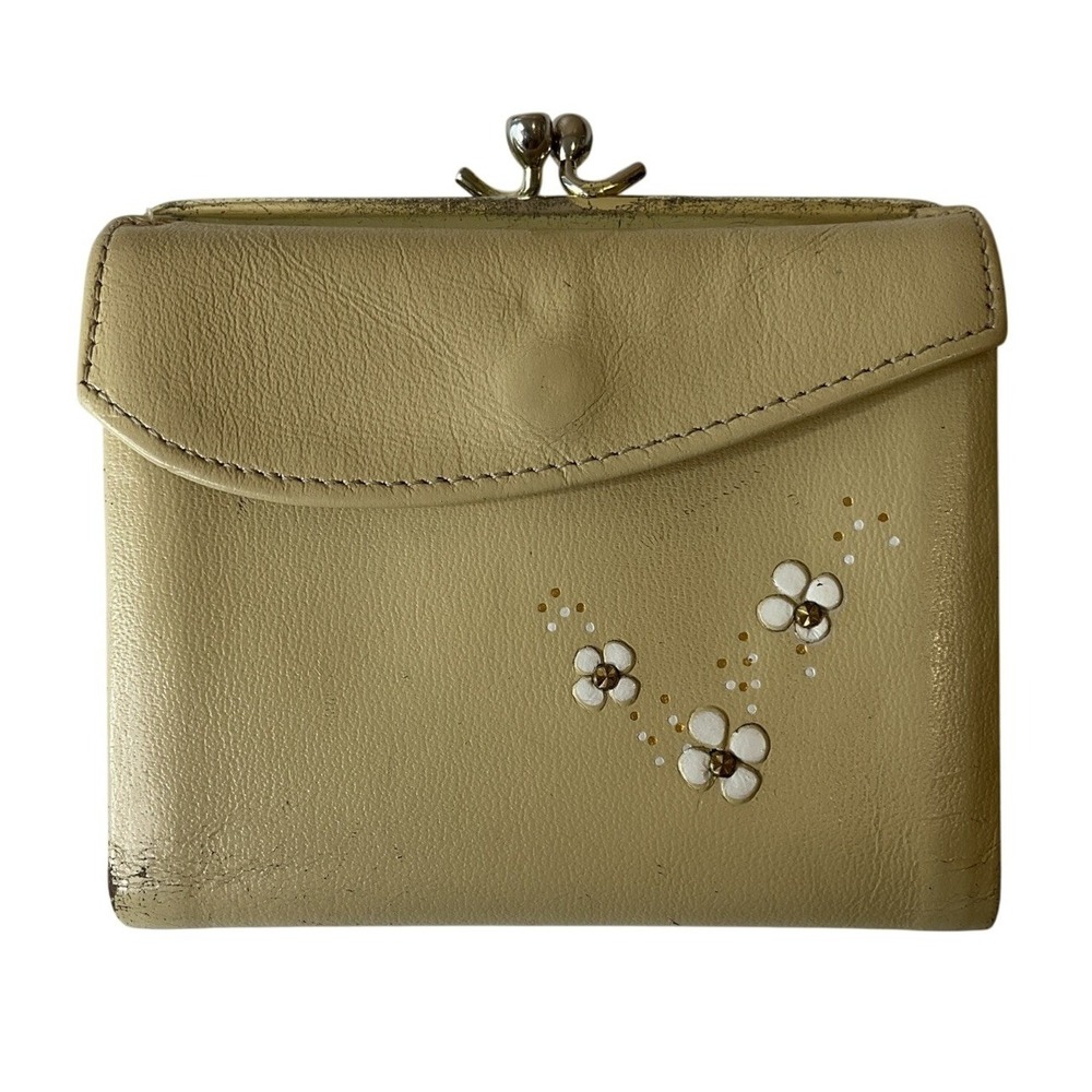 Vintage Rolfs Floral Rhinestone Leather‎ Bi-Fold Wallet Clutch Kiss Lock Beige